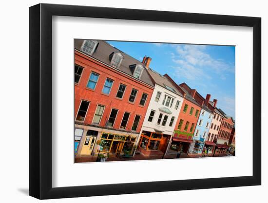 Elevated View of storefronts on Market Street, Portsmouth, New Hampshire, Main Street USA-null-Framed Photographic Print