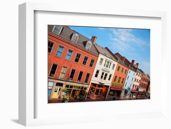 Elevated View of storefronts on Market Street, Portsmouth, New Hampshire, Main Street USA-null-Framed Photographic Print