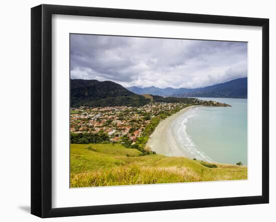 Elevated view of the Praia Barequecaba with Ilhabela Island in the background, State of Sao Paulo, -Karol Kozlowski-Framed Photographic Print