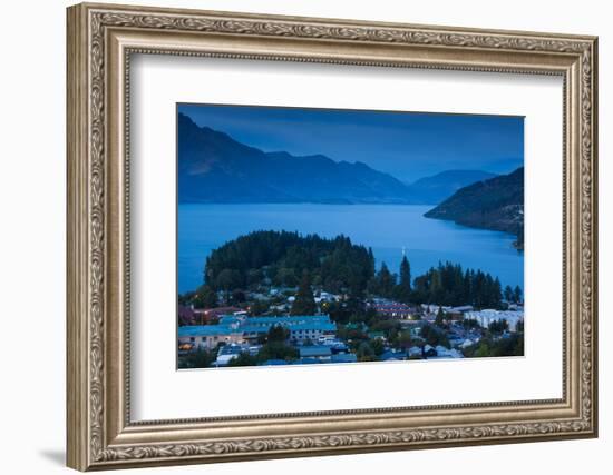 Elevated view of town at dawn, Queenstown, Otago, South Island, New Zealand-null-Framed Photographic Print