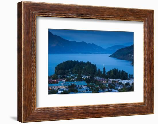 Elevated view of town at dawn, Queenstown, Otago, South Island, New Zealand-null-Framed Photographic Print