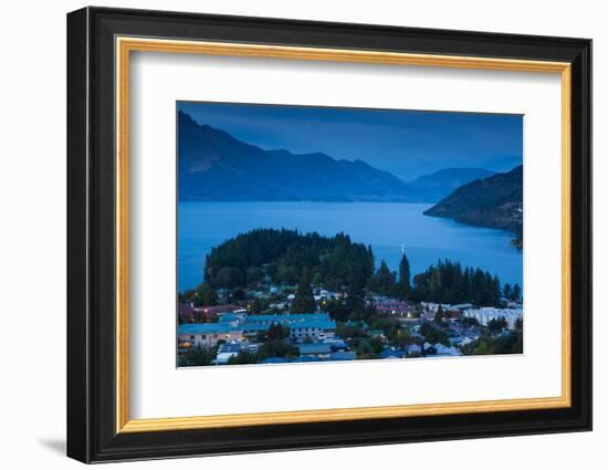 Elevated view of town at dawn, Queenstown, Otago, South Island, New Zealand-null-Framed Photographic Print