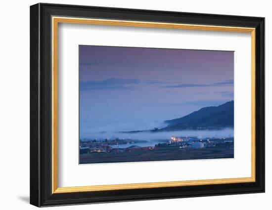 Elevated view of town covered with fog, Greymouth, West Coast, South Island, New Zealand-null-Framed Photographic Print