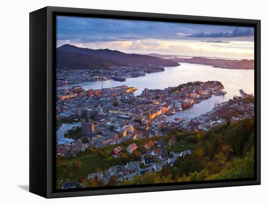Elevated View over Central Bergen Illuminated at Sunset, Bergen, Hordaland, Norway-Doug Pearson-Framed Premier Image Canvas