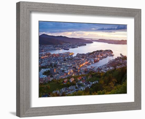 Elevated View over Central Bergen Illuminated at Sunset, Bergen, Hordaland, Norway-Doug Pearson-Framed Photographic Print