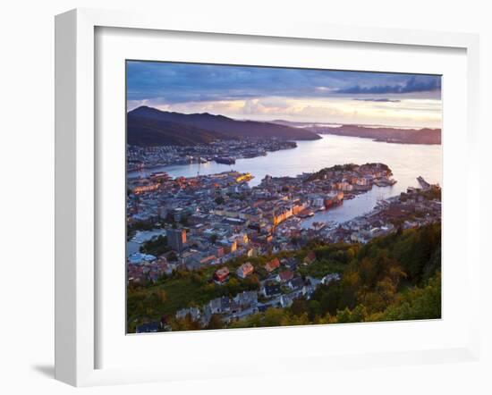 Elevated View over Central Bergen Illuminated at Sunset, Bergen, Hordaland, Norway-Doug Pearson-Framed Photographic Print