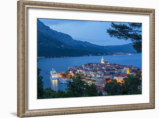 Elevated View over Korcula's Picturesque Stari Grad Illuminated at Dusk, Korcula, Dalmatia, Croatia-Doug Pearson-Framed Photographic Print