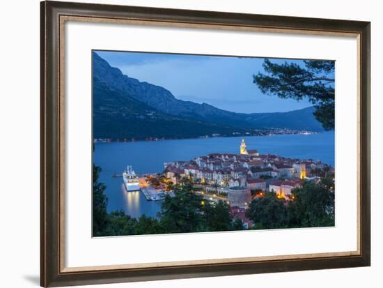 Elevated View over Korcula's Picturesque Stari Grad Illuminated at Dusk, Korcula, Dalmatia, Croatia-Doug Pearson-Framed Photographic Print