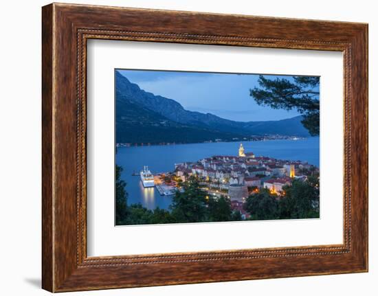 Elevated View over Korcula's Picturesque Stari Grad Illuminated at Dusk, Korcula, Dalmatia, Croatia-Doug Pearson-Framed Photographic Print