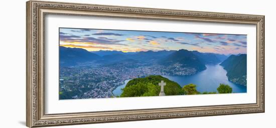 Elevated View over Lugano from Monte San Salvatore Illuminated at Sunset, Lake Lugano, Ticino-Doug Pearson-Framed Photographic Print