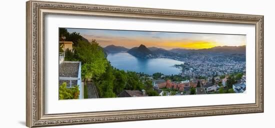 Elevated View over Lugano Illuminated at Sunset, Lake Lugano, Ticino, Switzerland-Doug Pearson-Framed Photographic Print