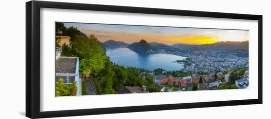 Elevated View over Lugano Illuminated at Sunset, Lake Lugano, Ticino, Switzerland-Doug Pearson-Framed Photographic Print