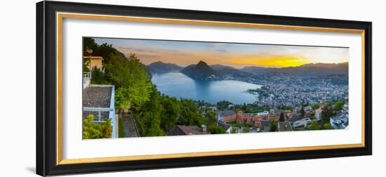 Elevated View over Lugano Illuminated at Sunset, Lake Lugano, Ticino, Switzerland-Doug Pearson-Framed Photographic Print