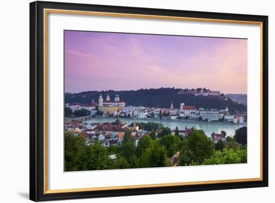 Elevated View over Old Town Passau and the River Danube Illuminated at Dawn, Passau, Lower Bavaria-Doug Pearson-Framed Photographic Print