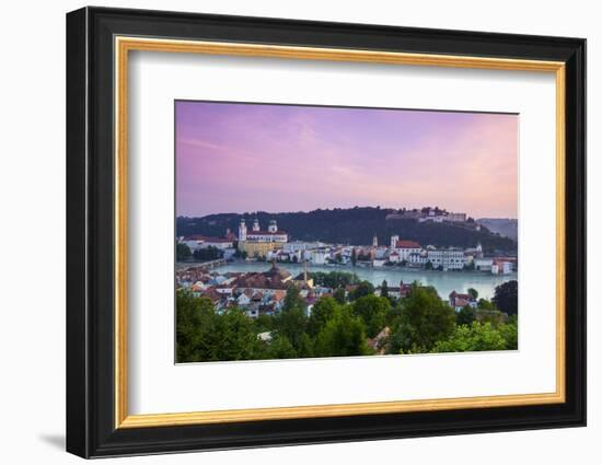 Elevated View over Old Town Passau and the River Danube Illuminated at Dawn, Passau, Lower Bavaria-Doug Pearson-Framed Photographic Print