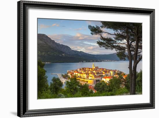 Elevated View over Picturesque Korcula Town Illuminated at Sunset, Korcula, Dalmatia, Croatia-Doug Pearson-Framed Photographic Print