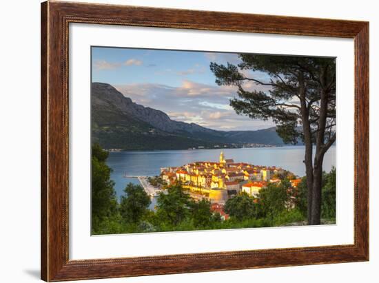 Elevated View over Picturesque Korcula Town Illuminated at Sunset, Korcula, Dalmatia, Croatia-Doug Pearson-Framed Photographic Print