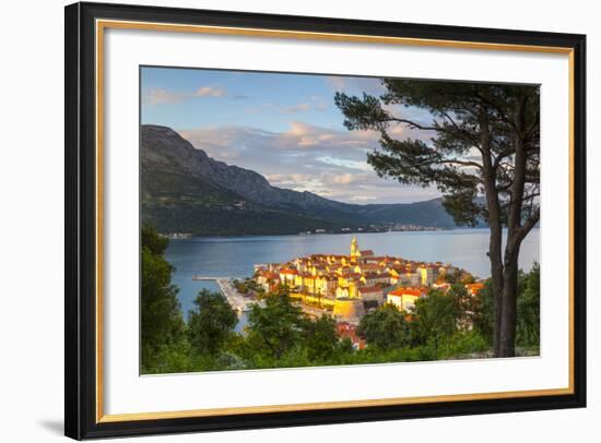 Elevated View over Picturesque Korcula Town Illuminated at Sunset, Korcula, Dalmatia, Croatia-Doug Pearson-Framed Photographic Print