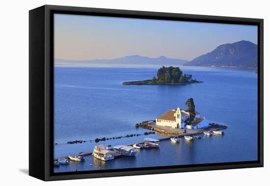 Elevated View to Vlacherna Monastery and the Church of Pantokrator on Mouse Island, Greek Islands-Neil Farrin-Framed Premier Image Canvas