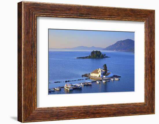 Elevated View to Vlacherna Monastery and the Church of Pantokrator on Mouse Island, Greek Islands-Neil Farrin-Framed Photographic Print