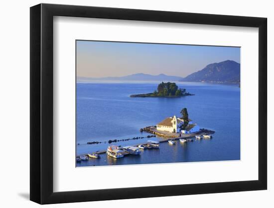 Elevated View to Vlacherna Monastery and the Church of Pantokrator on Mouse Island, Greek Islands-Neil Farrin-Framed Photographic Print