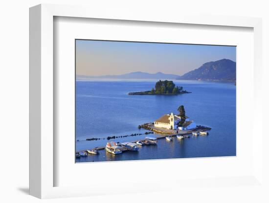 Elevated View to Vlacherna Monastery and the Church of Pantokrator on Mouse Island, Greek Islands-Neil Farrin-Framed Photographic Print