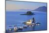 Elevated View to Vlacherna Monastery and the Church of Pantokrator on Mouse Island, Greek Islands-Neil Farrin-Mounted Photographic Print