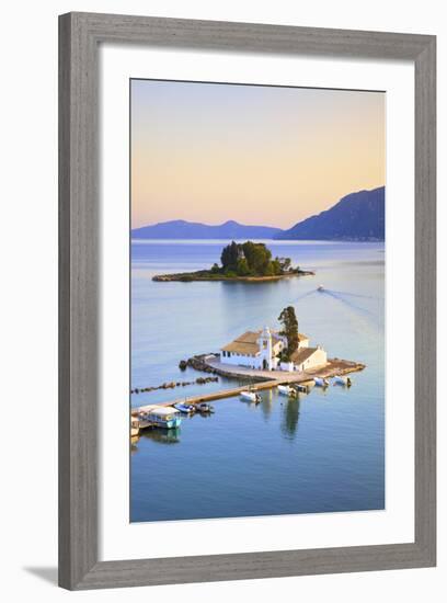 Elevated View to Vlacherna Monastery and the Church of Pantokrator on Mouse Island, Kanoni-Neil Farrin-Framed Photographic Print