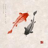 Red and Black Koi Carps Hand Drawn with Ink in Traditional Japanese Painting Style Sumi-E on Vintag-Elina Li-Framed Premium Giclee Print