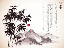 Bamboo Tree and Mountains Hand Drawn with Ink in Vintage-Elinalee-Photographic Print