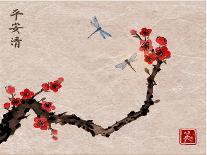 Cherry Sakura Tree Branch in Blossom and Two Dragonflies on Vintage Background. Traditional Orienta-Elinalee-Photographic Print