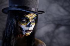 Sugar Skull Girl in Tophat in the Forest, Halloween Theme-Elisanth-Photographic Print