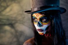 Sugar Skull Girl in Tophat in the Forest, Halloween Theme-Elisanth-Photographic Print