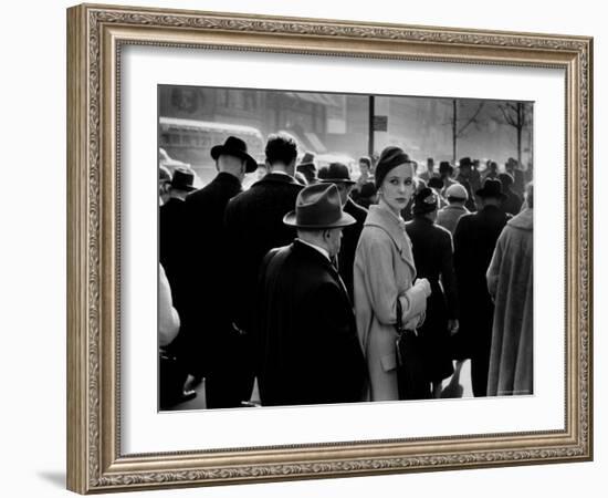 Elise Daniels, Young Model, Standing on Crowded New York City Street-Gjon Mili-Framed Photographic Print