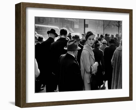 Elise Daniels, Young Model, Standing on Crowded New York City Street-Gjon Mili-Framed Photographic Print