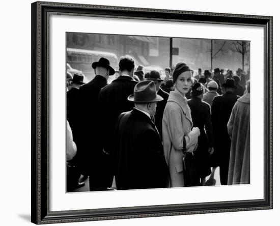 Elise Daniels, Young Model, Standing on Crowded New York City Street-Gjon Mili-Framed Photographic Print