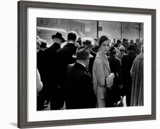 Elise Daniels, Young Model, Standing on Crowded New York City Street-Gjon Mili-Framed Photographic Print