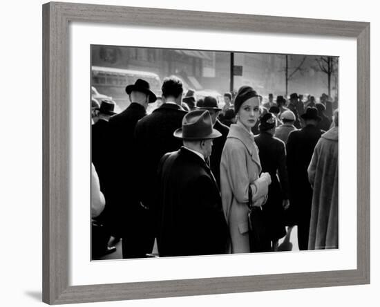 Elise Daniels, Young Model, Standing on Crowded New York City Street-Gjon Mili-Framed Photographic Print