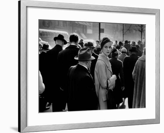 Elise Daniels, Young Model, Standing on Crowded New York City Street-Gjon Mili-Framed Photographic Print