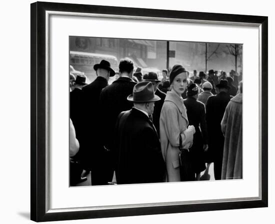 Elise Daniels, Young Model, Standing on Crowded New York City Street-Gjon Mili-Framed Photographic Print