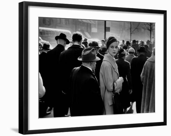 Elise Daniels, Young Model, Standing on Crowded New York City Street-Gjon Mili-Framed Photographic Print