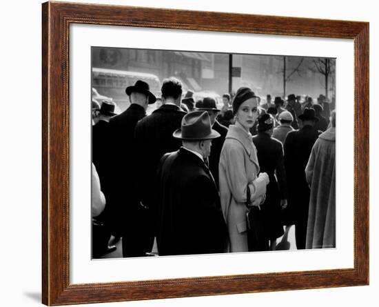 Elise Daniels, Young Model, Standing on Crowded New York City Street-Gjon Mili-Framed Photographic Print