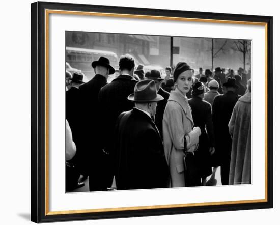 Elise Daniels, Young Model, Standing on Crowded New York City Street-Gjon Mili-Framed Photographic Print