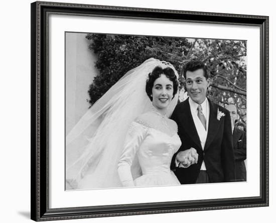 Elizabeth Taylor Wearing Beautiful Satin Wedding Gown with Husband Nicky Hilton Outside Church-Ed Clark-Framed Premium Photographic Print