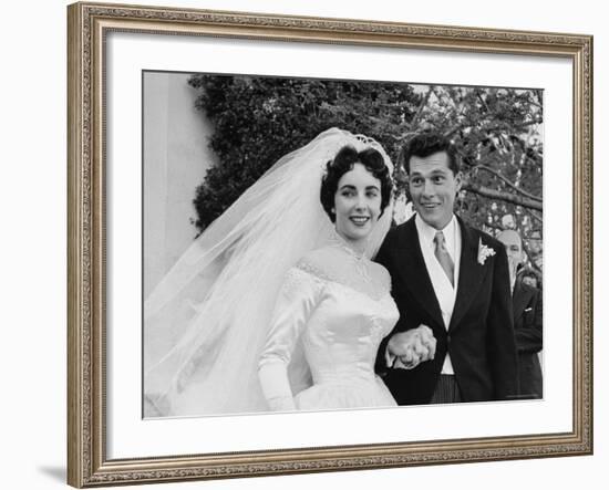 Elizabeth Taylor Wearing Beautiful Satin Wedding Gown with Husband Nicky Hilton Outside Church-Ed Clark-Framed Premium Photographic Print