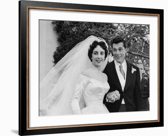 Elizabeth Taylor Wearing Beautiful Satin Wedding Gown with Husband Nicky Hilton Outside Church-Ed Clark-Framed Premium Photographic Print