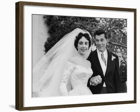 Elizabeth Taylor Wearing Beautiful Satin Wedding Gown with Husband Nicky Hilton Outside Church-Ed Clark-Framed Premium Photographic Print