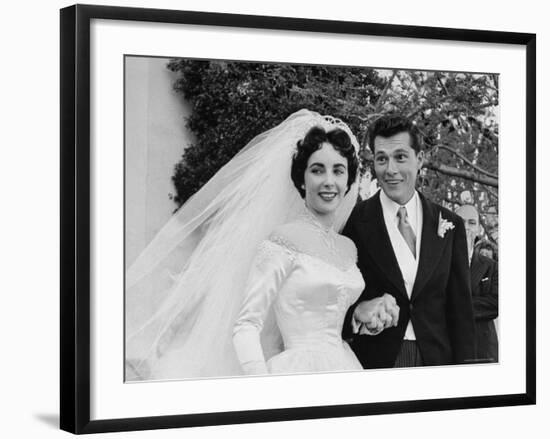 Elizabeth Taylor Wearing Beautiful Satin Wedding Gown with Husband Nicky Hilton Outside Church-Ed Clark-Framed Premium Photographic Print