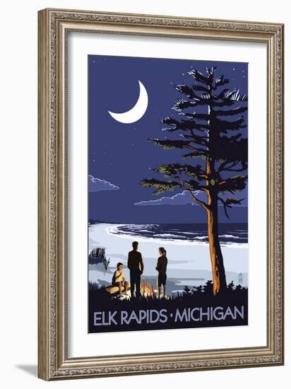 Elk Rapids, Michigan - Bonfire at Night Scene-Lantern Press-Framed Art Print