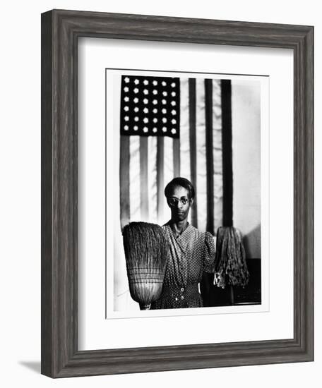 Ella Watson Standing with Broom and Mop in Front of American Flag, Part of Depression Era Survey-Gordon Parks-Framed Photographic Print